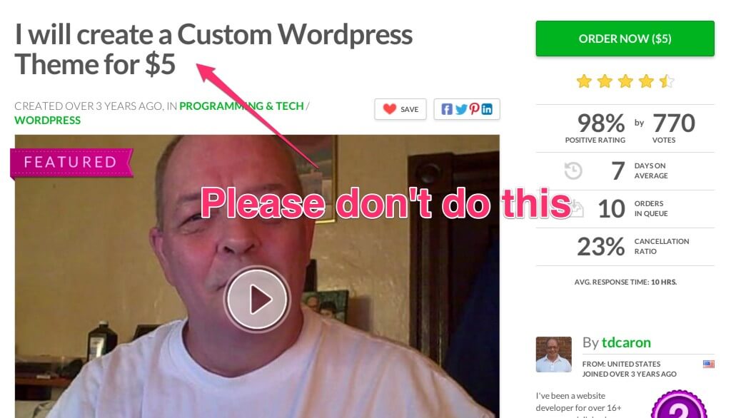 An example listing on Fiverr