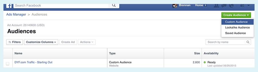 Creating a new custom audience in Facebook ads manager