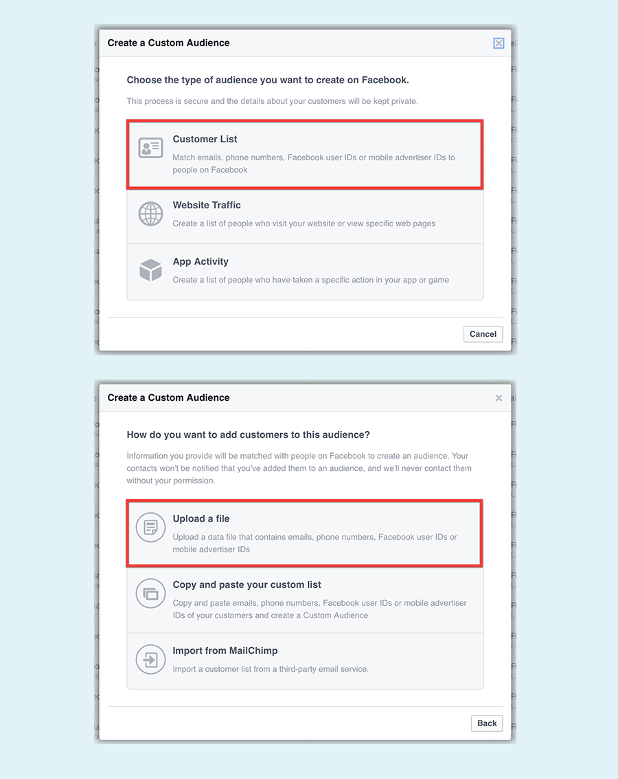 Uploading your mailing list to a Facebook custom audience